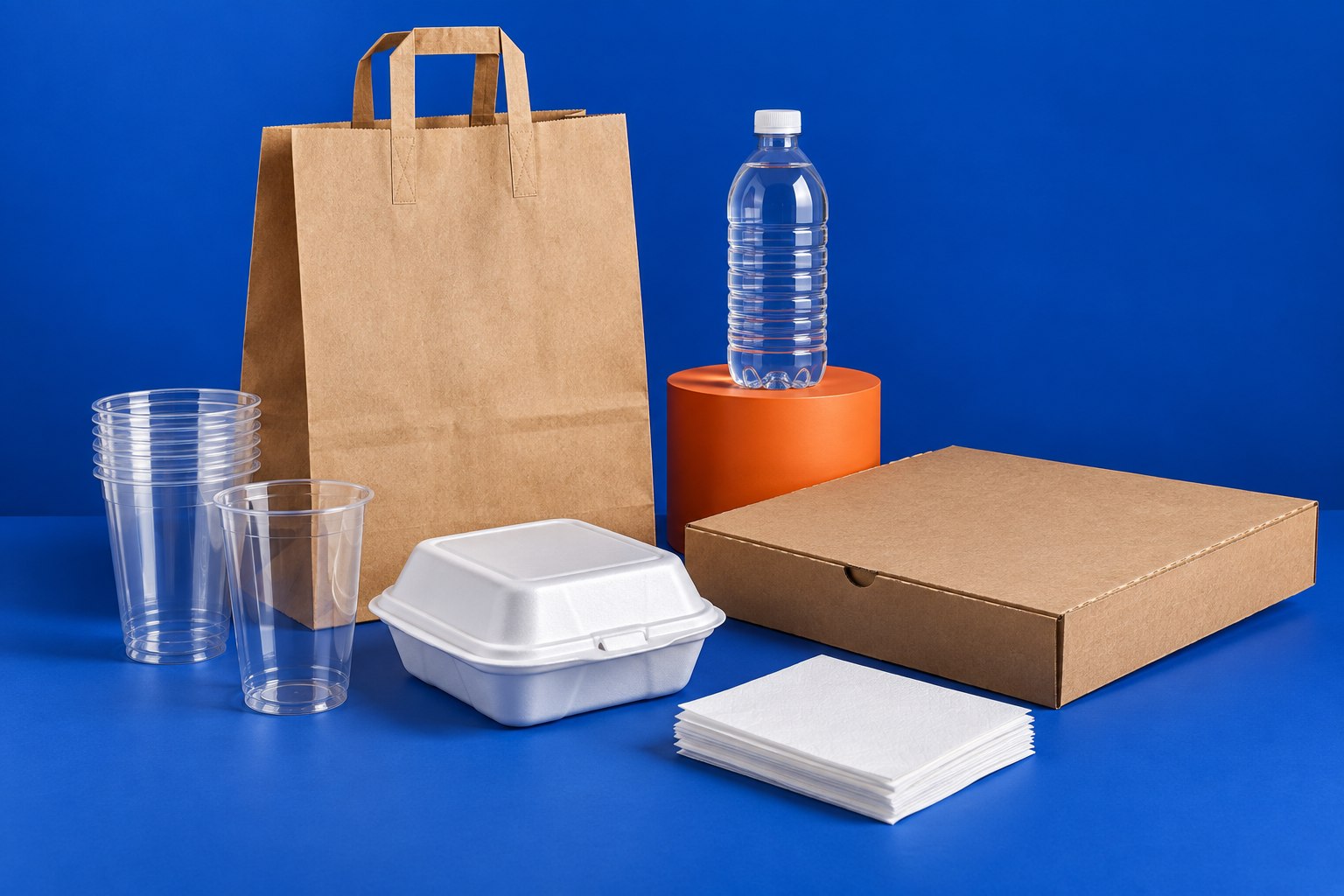 Composição ilustrativa de embalagens para delivery, copos e garrafas